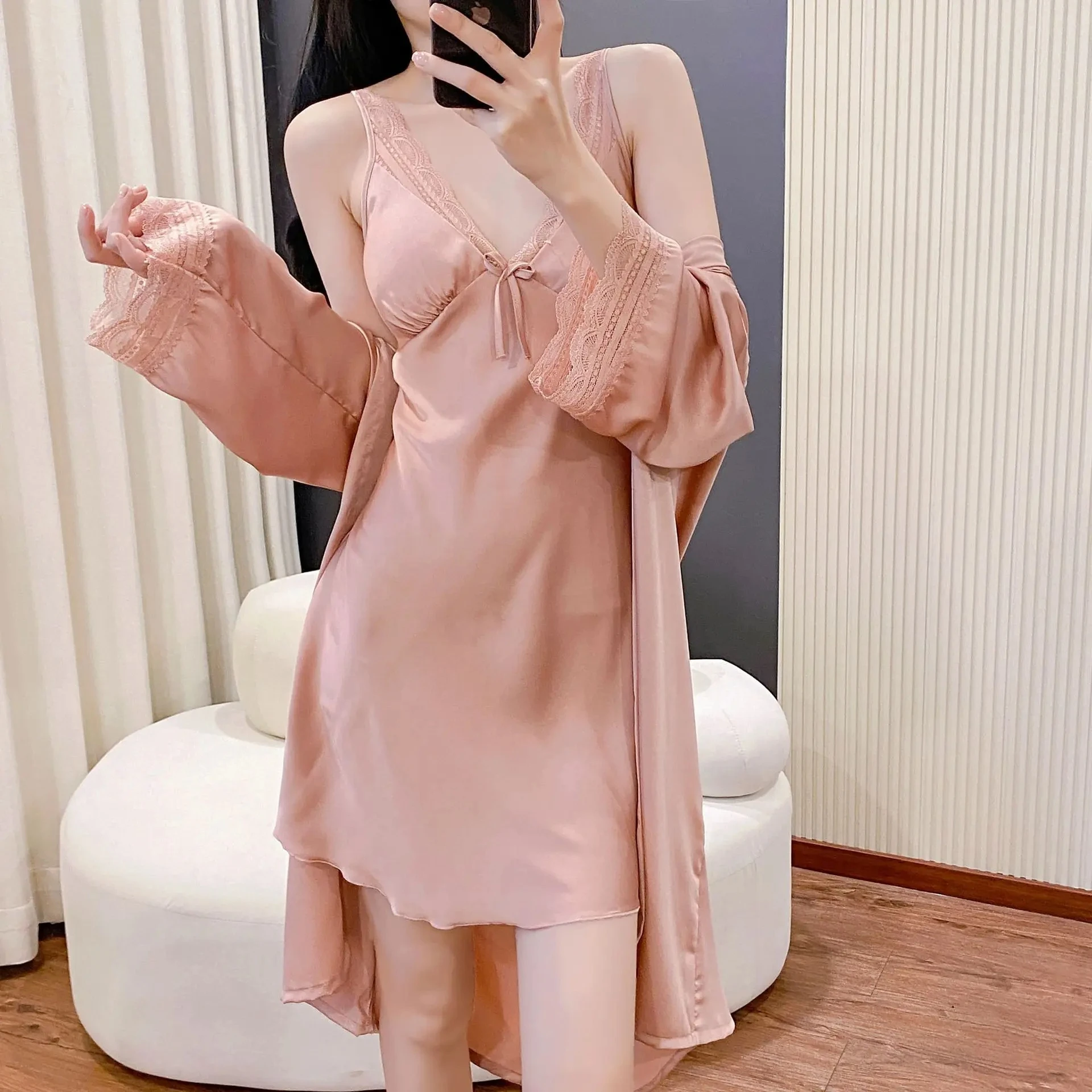 

Two Piece Womens Robe Gown Suit Sexy Lace Bathrobe Nightgown Lingerie Summer Kimono Sleepwear Nightdress Home Dress PJS Set