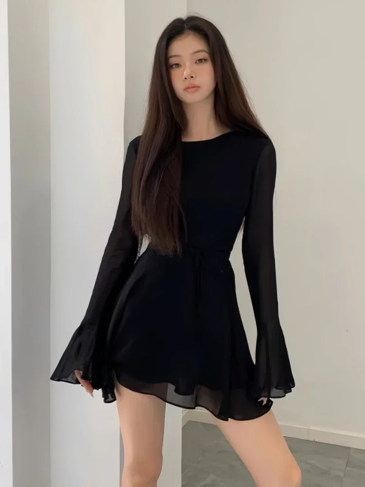 HOUZHOU Backless Black Dress Women Elegant Back Hollow Out Lace-up Long Sleeve Mesh Patchwork Sexy Slim Ruffle Mini Dress Party