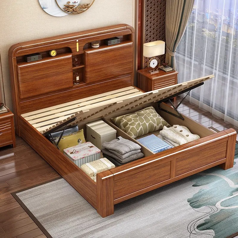 Walnut solid wood bed 1.8 meters modern minimalist master bedroom 1.5 meters double bed high box storage