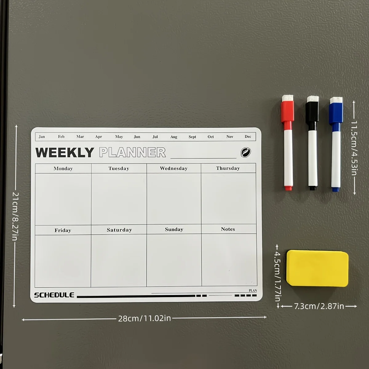 Dry‑Erase Weekly Planner Fridge Magnet Set, 1 Weekly Schedule Board with 3 Markers & 1 Eraser