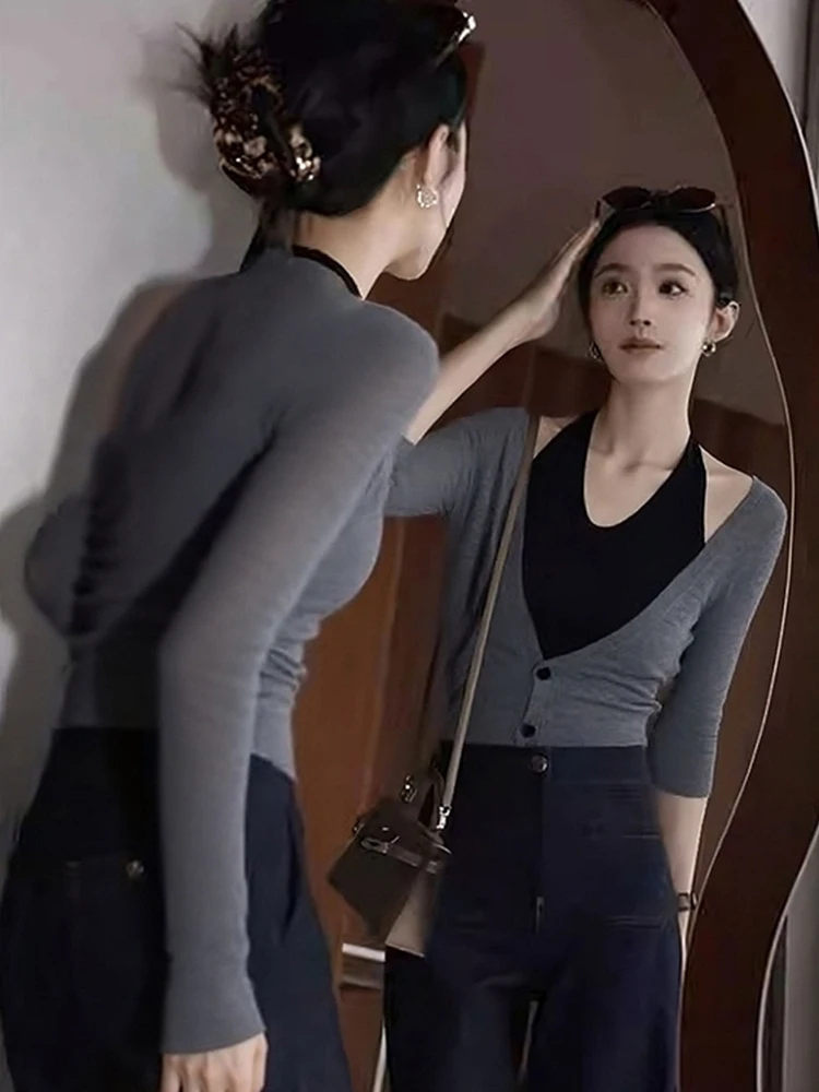 Faionable Long Sve V-Ne Knitwear Dames Herfst Winter Bovenkleding Top Casual Sle Stand Fit Hoge taille Ontwerp