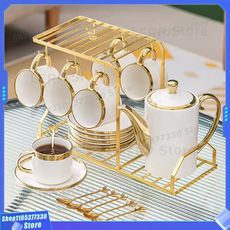 RXZZ 6pcs European Style Ceramic Coffee Cup Set with Handle and Tray Arabic Design Fashionable Mug for Home Office Use