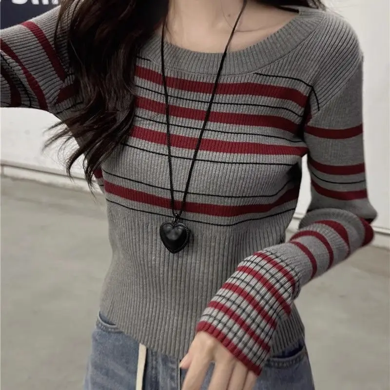Women Striped Crew Neck Knit Sweater Autumn New Niche Design Cropped Long‑sleeve Layering Pullover Top