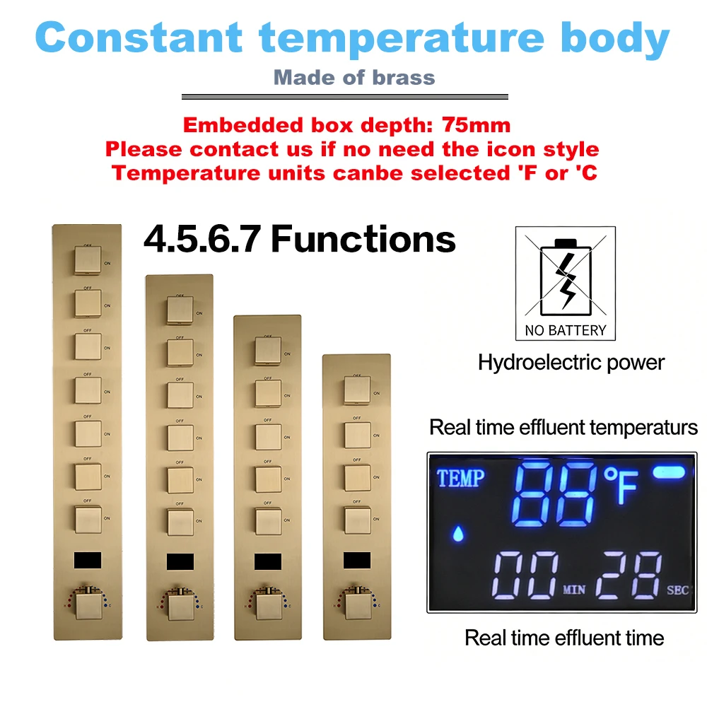 Brass Concealed Thermostatic Shower Mixer 4/5/6/7 Function Hydroelectric Digital Temp Display Bathroom Diverter Tap Water Faucet