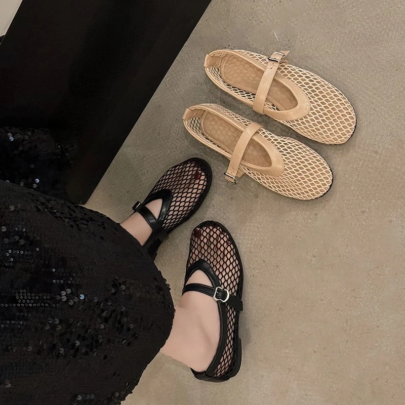 In Summer, Wear Round Toe, Straight Buckles, Casual and Comfortable, Women's Flats, Cut-out Mary Jane Single Shoes,fishnet Shoes