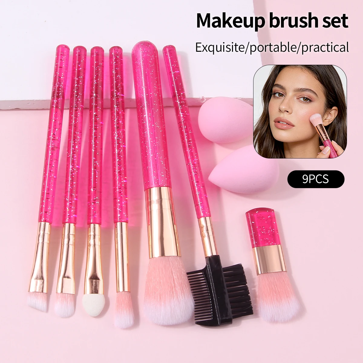 Set di 9 pennelli per trucco squisiti: pennello per cipria, pennello per ombretto, pennello per ciglia, pennello per kit trucco e applicatore in morbida spugna piccola.