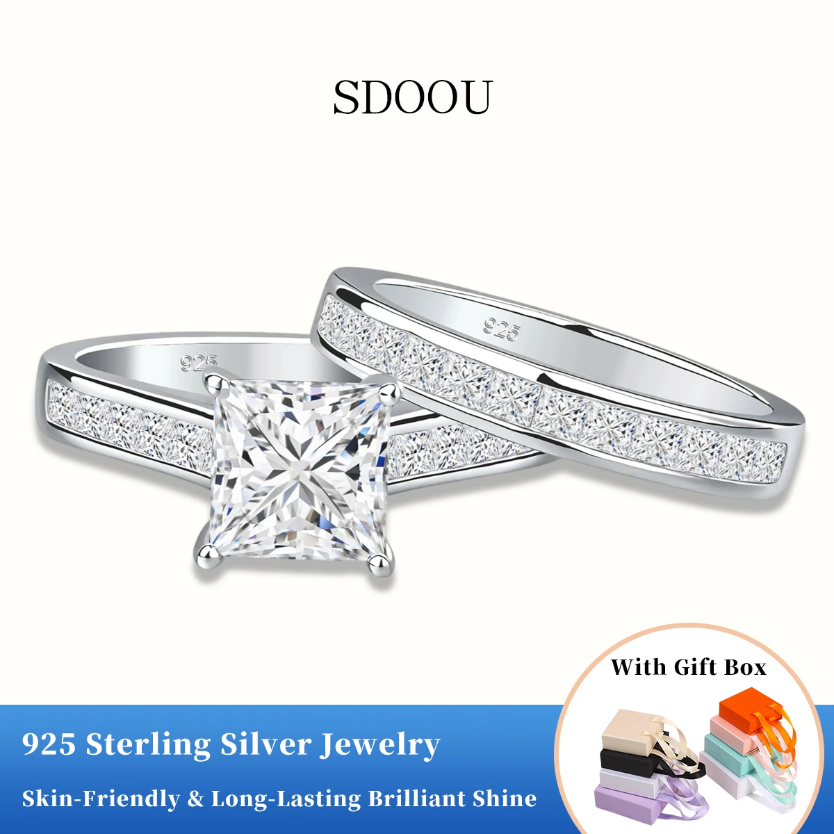 

SDOOU Luxury Princess Cut 2ct Moissanite Ring Certified For Her 925 Rose Gold Color Bridal Sets Anniversary Jewelry Accessories