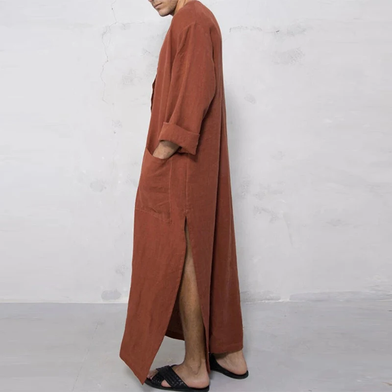 Mรคnner Muslimischen Roben Einfarbig Langarm Baumwolle Taschen Roben Taste-unten Freizeit Vintage Islamischen Arabischen Kaftan Dubai Mรคnnlich neue