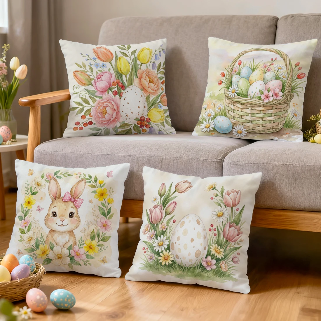 Easter Rabbit Flowers Pillowcase Printed Polyester 40/45/50cm Throw Pillowcover Decorative Sofa Cushion Pillowslip Home Decor