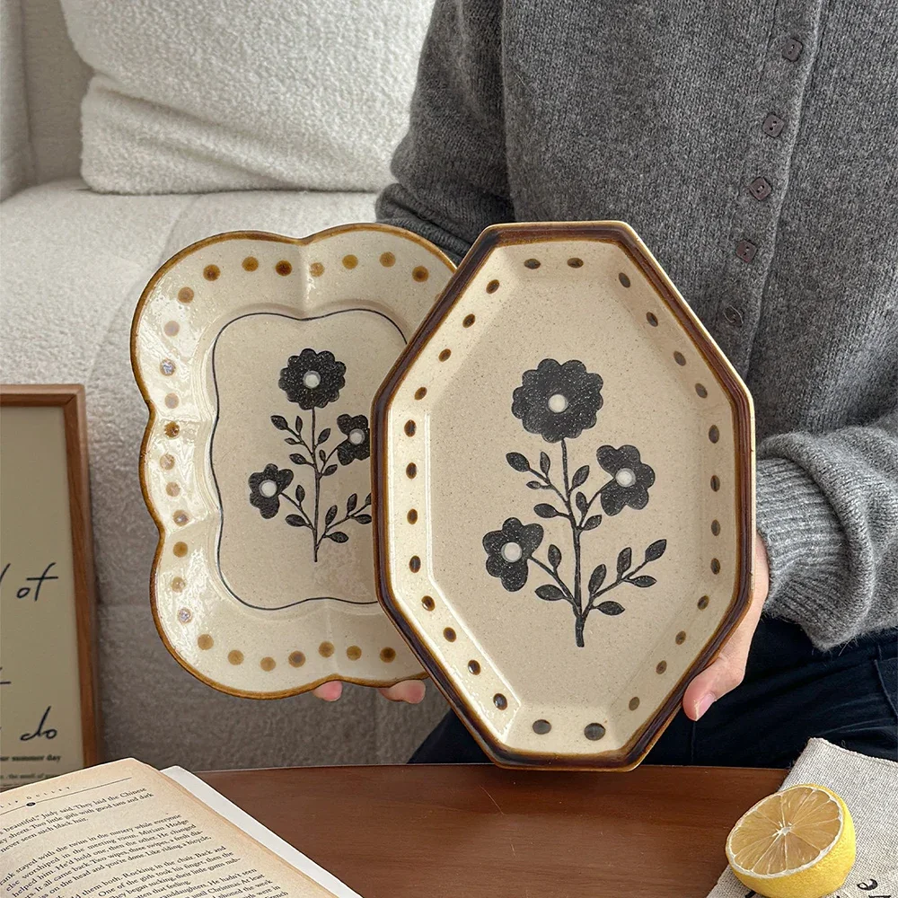 Floral Edge Ceramic Plate French Vintage Delicate Restaurant Homehold Tableware Cake Snack Dessert Fruit Plates Kitchen Supplies