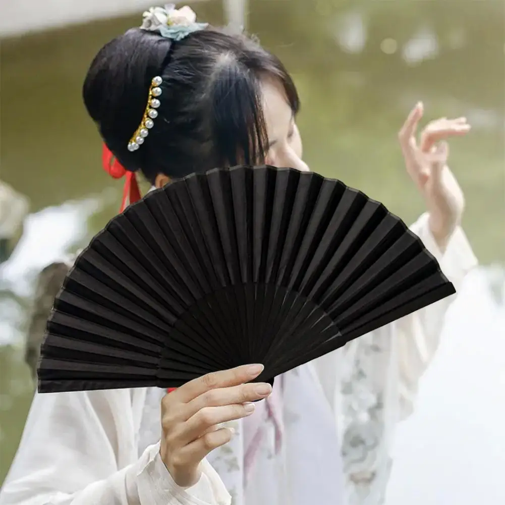 Black Folding Fan with Bag Chinese Style Dance Performance Photo Props Portable Faux Silk Bamboo Hand Held Fan Party
