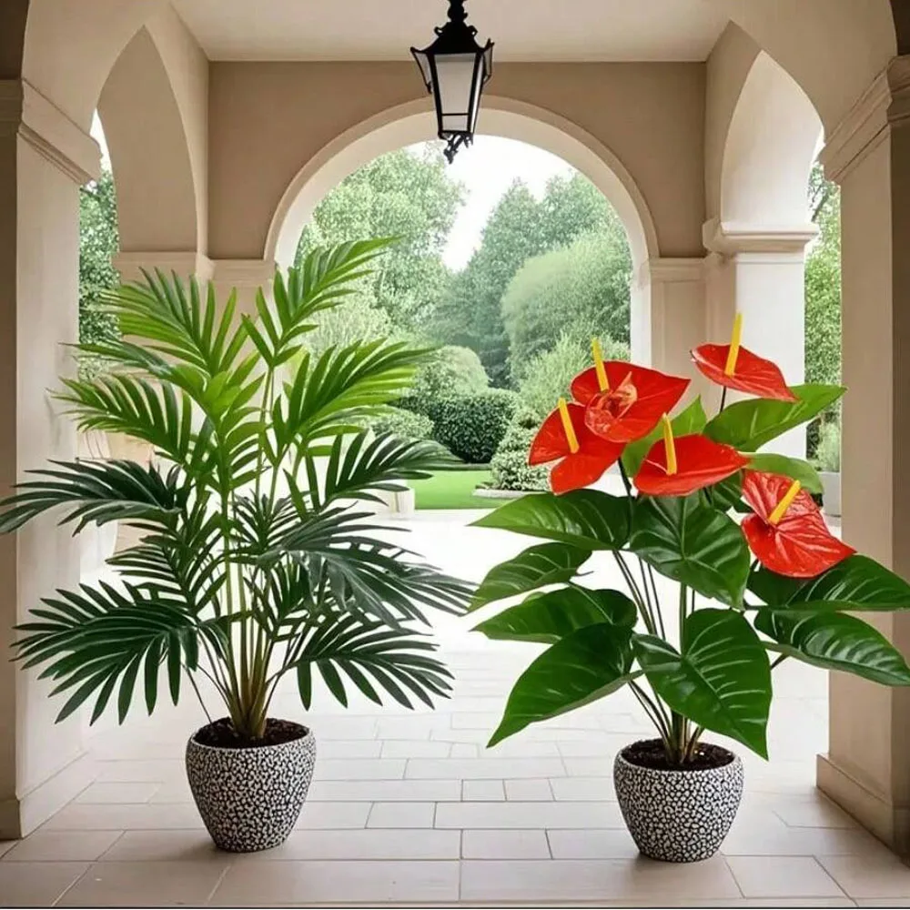 2 Sets große künstliche Palmenpflanzen und Anthuriumgrüne Zyklusblätter aus Kunststoff für Zuhause, Balkon, Büro, Outdoor-Dekoration – Detail 4