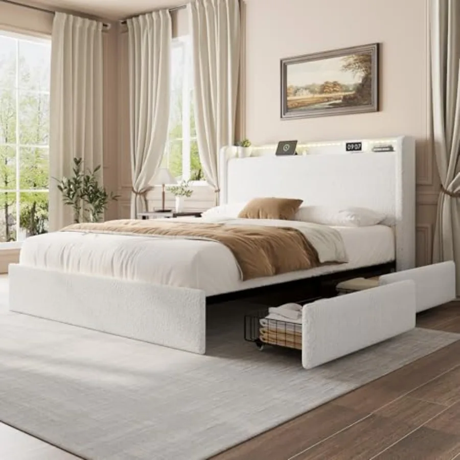 Platform Bed Frame with LED Storage Headboard in Black Metal, Modern Bedroom Use, Sleek Design with 4 Soft-Close Drawers