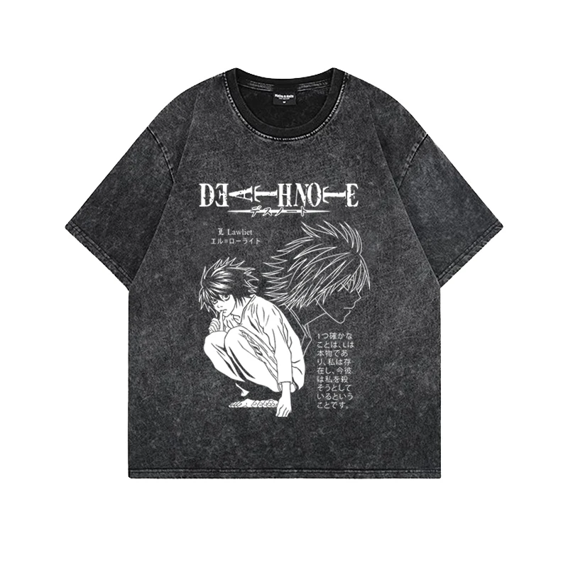 

Men's T Shirt Death Note Print Summer Women's Vintage Washed Short-sleeved Tee Oversized Gym Y2k Clothes Harajuku Top Streetwear