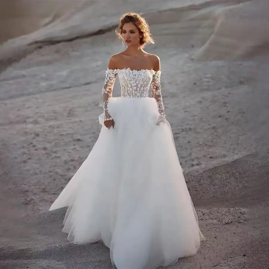 

Customized Off Shoulder Lace Top 3/4 Sleeve Tull Wedding Dress A-Line Backless And Lace Up Bridal Gowns