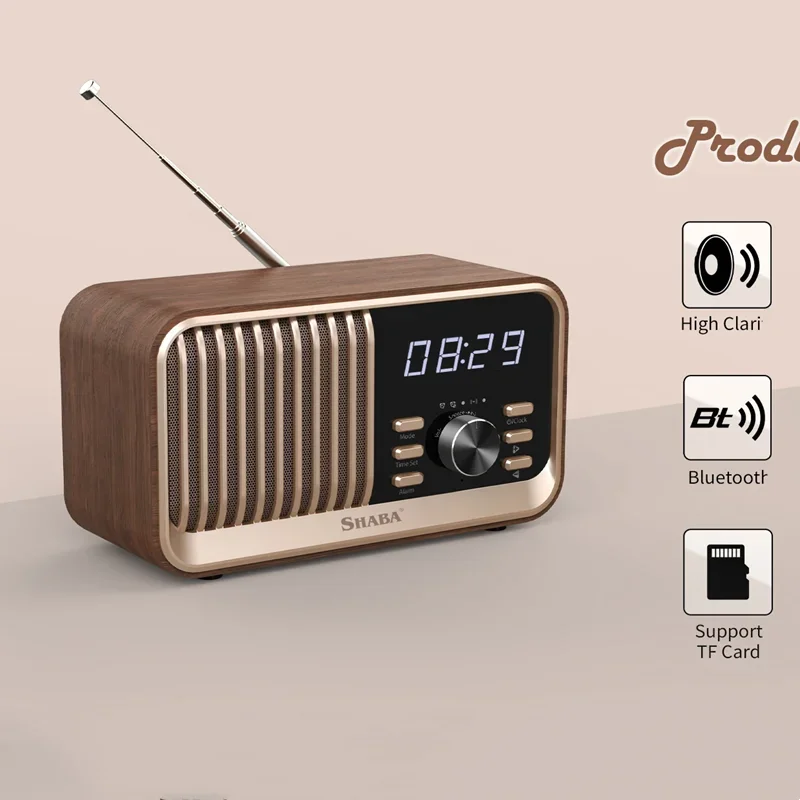 Portable Woode Retro FM Radio Wireless Charger Bluetooth Speaker Handsfree Call Music Player Support Alarm Clock TF USB AUX Box