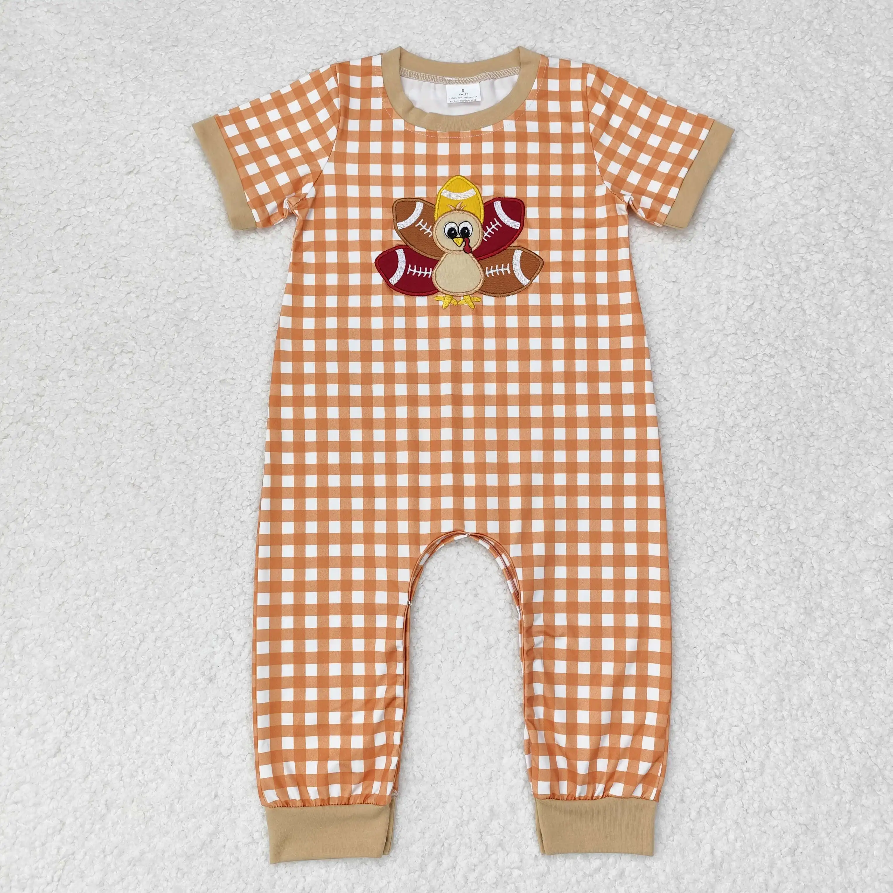 Wholesale Thanksgiving western boutique newborn toddler Baby Boys Embroidered Turkey khaki border checkered short-sleeved onesie