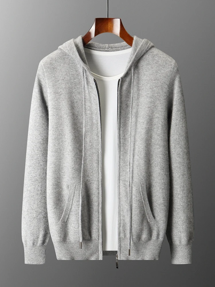 New Autumn Winter Men's Cashmere Hooded Cardigan 100% Merino Wool Soft Warm Sweater Zippered Hoodie Knitwear Casual Male Jacket