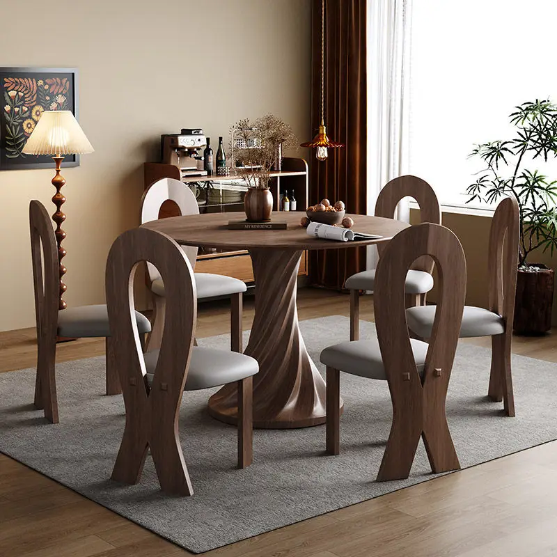 Medieval solid wood dining table and chair combination round table household small apartment new walnut color retro living