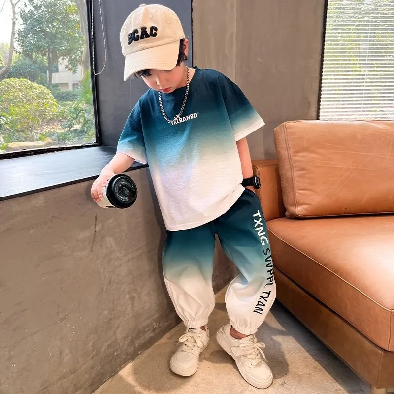 

Summer Boys Gradient Contrast Alphabet t-Shirt Tops+Pant Workout Sets School Kids 2PCS Tracksuit Children Jogger Outfits 5-16 Yr