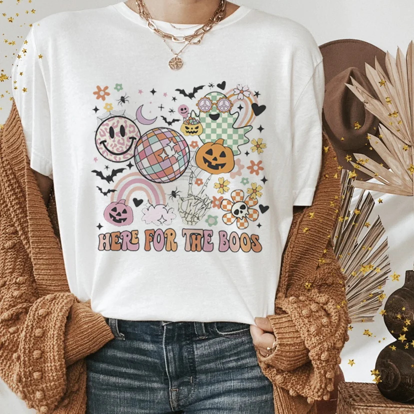 Women\'s Summer Printed T-shirt Trend 90s Short Sleeved Clothing Fashion Halloween Round Neck T-shirt Top Fun Pumpkin Pattern T-s