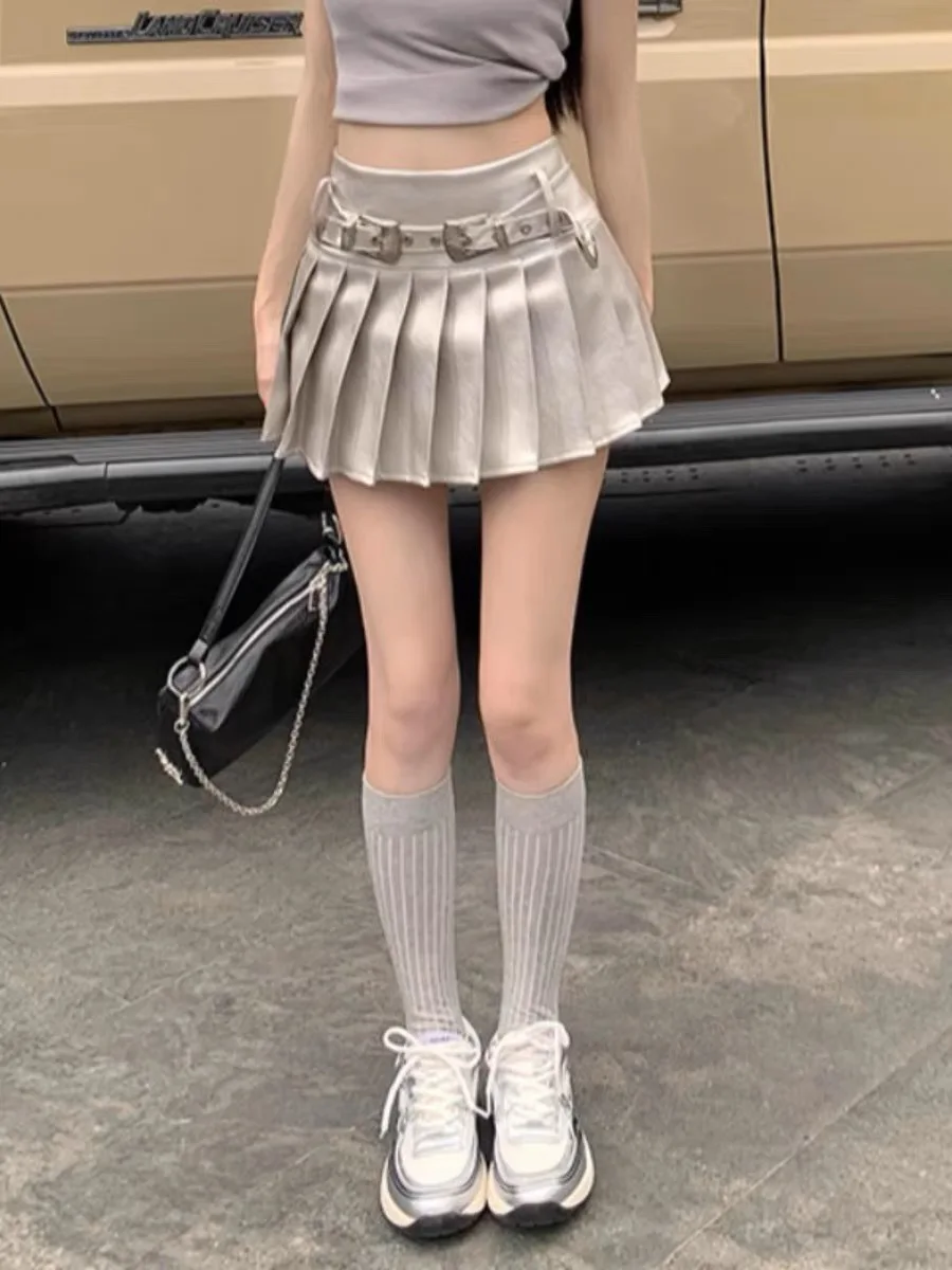 Harajuku Y2k Women Silver Faux Leather Mini Pleated Skirt Punk Sweet Chic Girls Mini PU Skirt with Belt Black