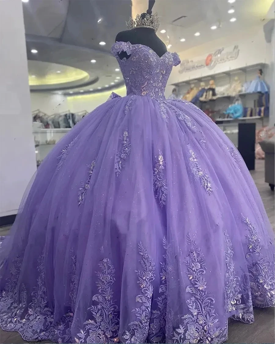 ANGELSBRIDEP Shiny Lavender Quinceanera Dresses With Bow Floral Lace Off-Shoulder Vestidos De 15 Anos Birthday Party Customized