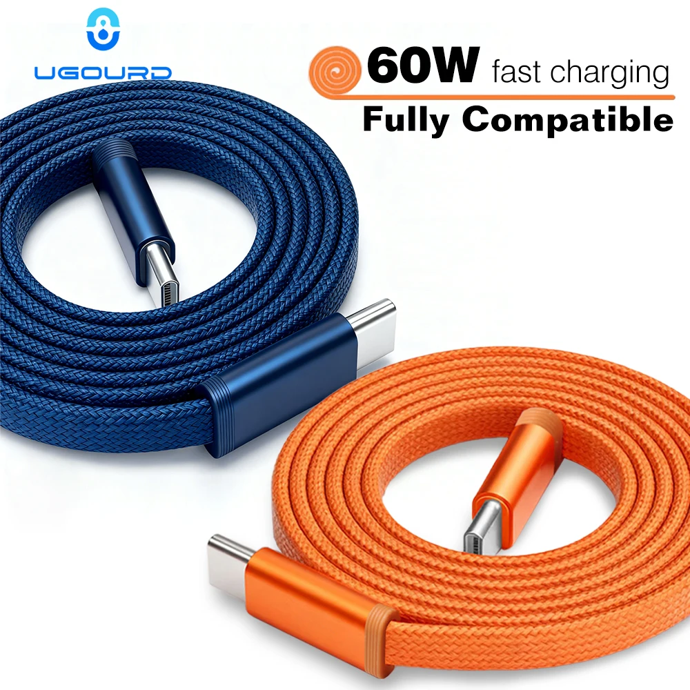 UGOURD Novo cabo carregador de 60 W USB-C para tipo C cabo de carregamento rápido estilo cadarço plano laranja tecido azul profundo