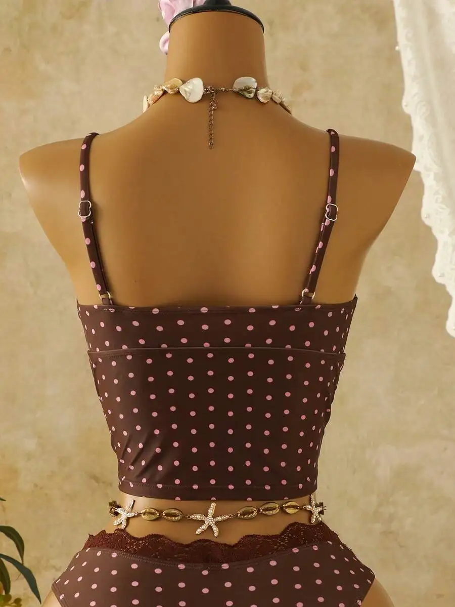 Womens Polka Dot Tankini Set With Lace Trim And Adjustable Straps For Beach Pool Summer