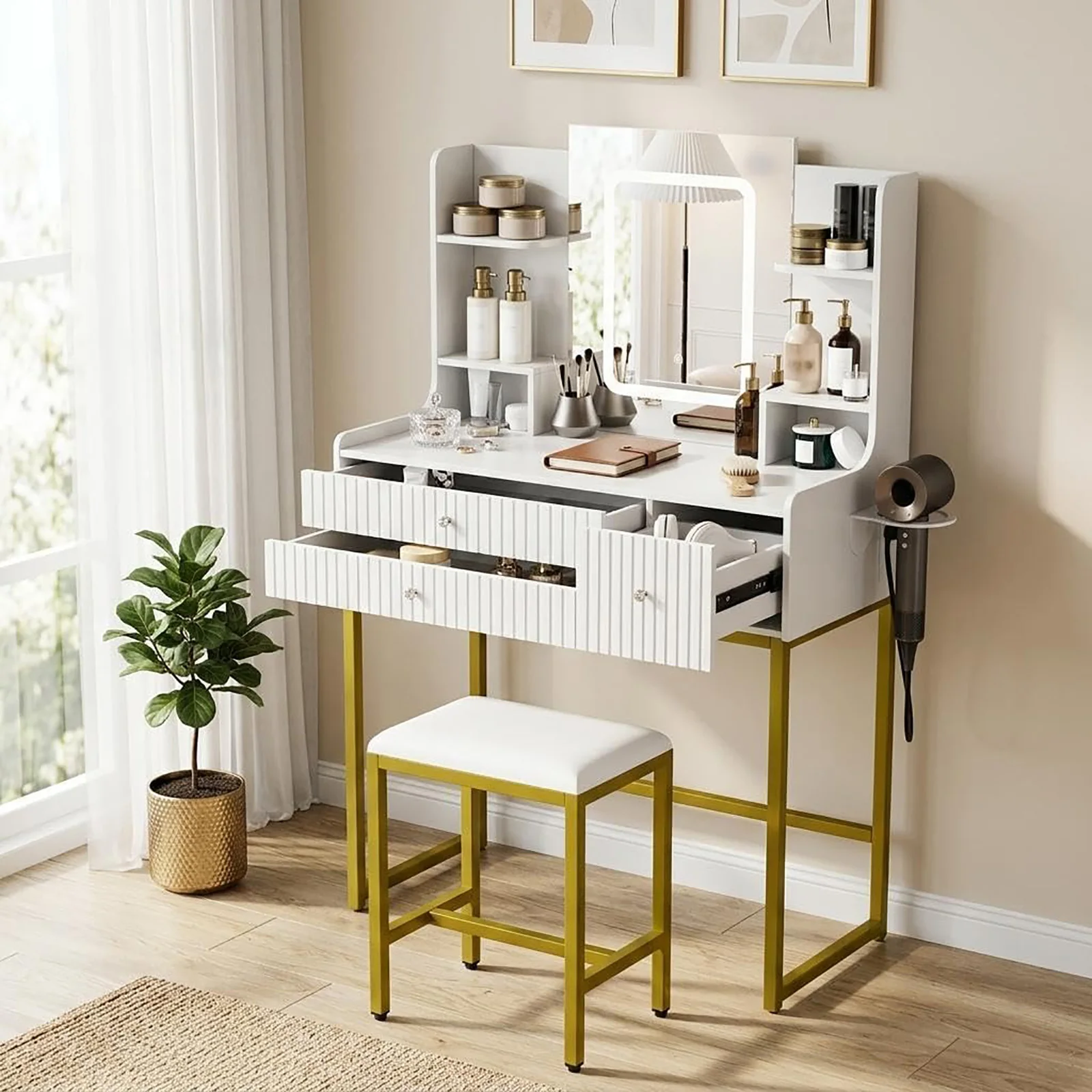 Fluted Makeup Vanity Desk With Mirror Lights, Power Outlet, 3 Drawers, 4 Shelves, Small Modern Dressing Table For Bedroom