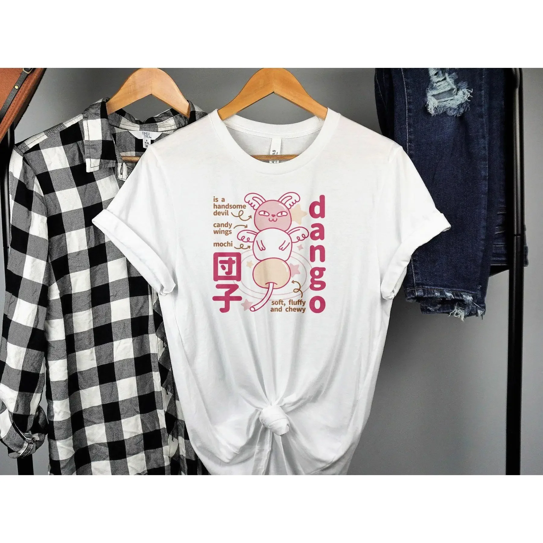 Lindo monstruo Kawaii Dango cafetería japonesa postre camiseta suave mullido masticable Mochi tratar divertidas alas de caramelo