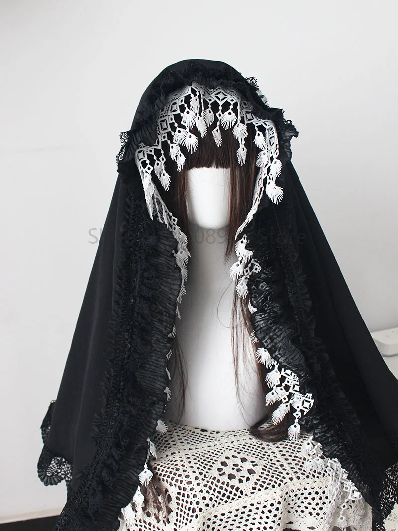 

Gothic Lolita Black Lace Veil Headpiece Shawl Bonnet for Nun Maid Cosplay Halloween Dark Accessory
