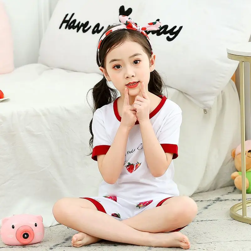 For Girls' Summer Thin Cotton Pajamas Set Baby Casual Clothes Children's Short-sleeved Five-point Air-conditioned Clothes Autumn
