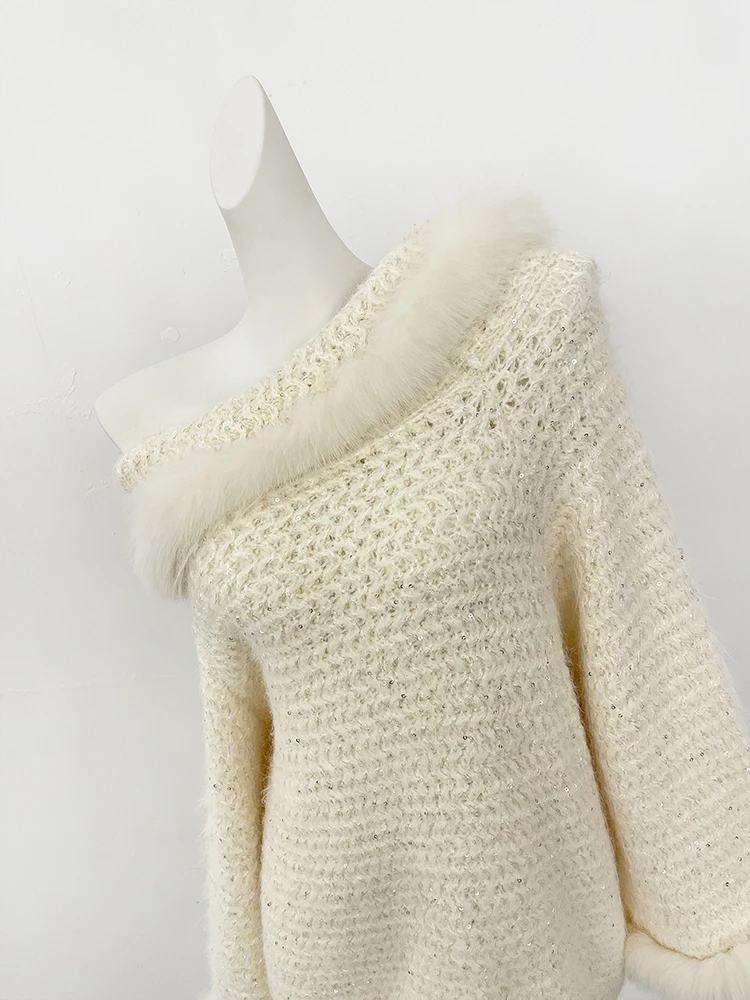 جديد ربيع الخريف الشتاء ضوء الملابس النسائية واحدة طول الكتف البلوفرات الحياكة معطف المرأة ريال فوكس الفراء محبوك سترة