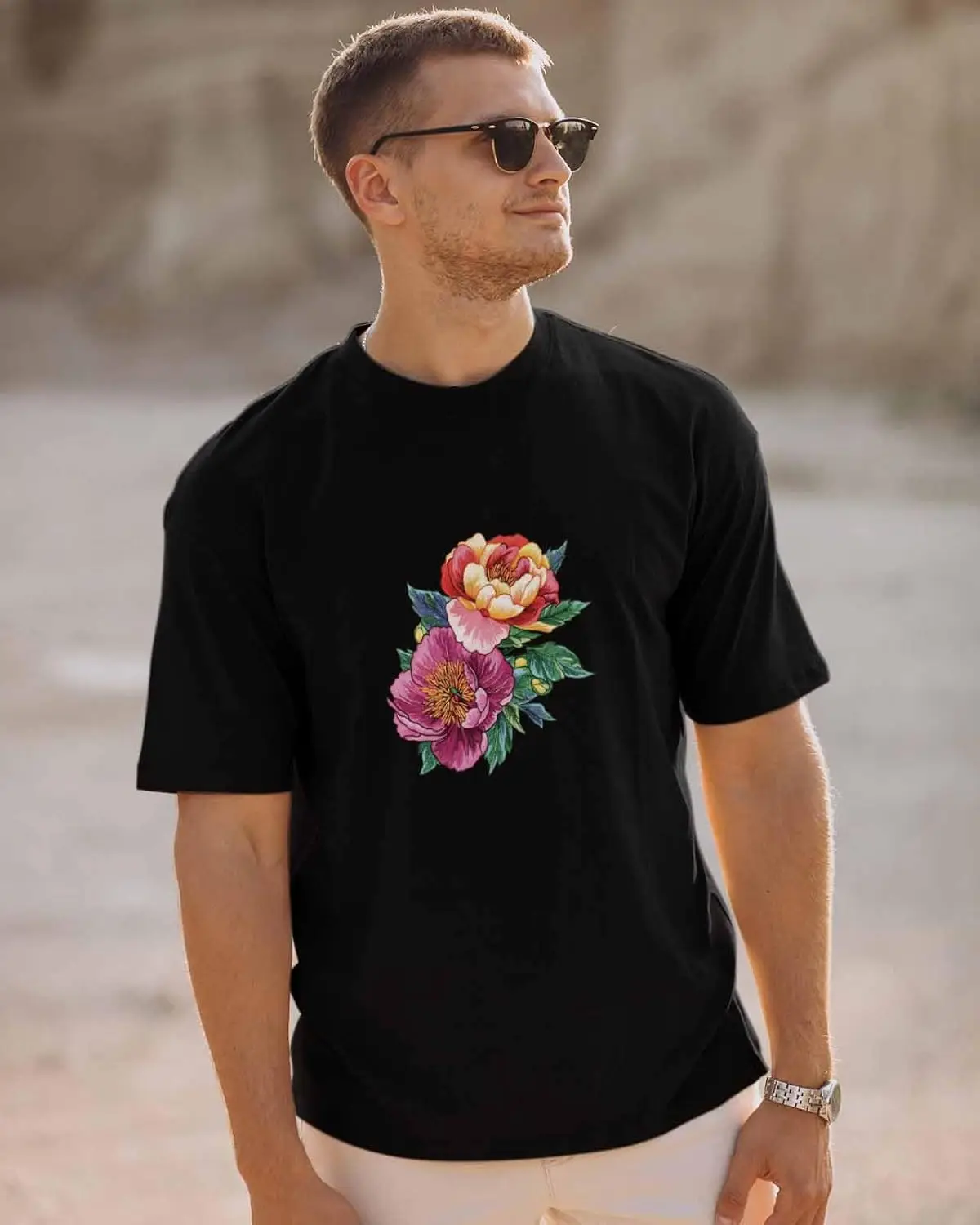 Men's T-Shirt, Novelty Graphic T-Shirt Embroidered Peony Flowers Plants Cotton Crew Neck Men's Short