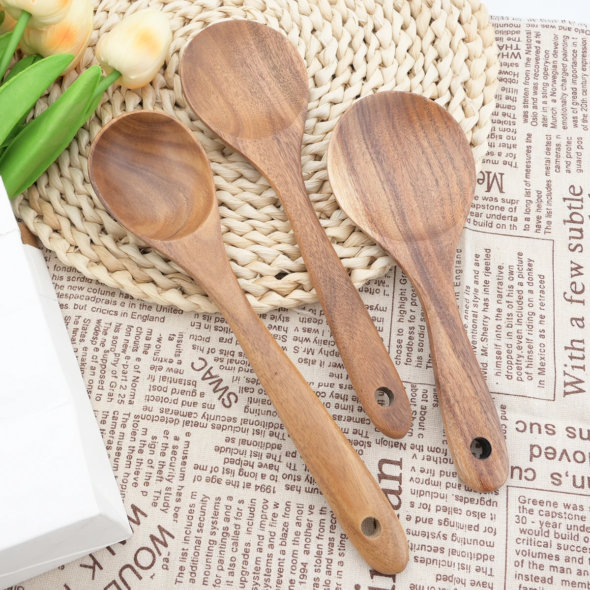 Natural Wood Kitchen Utensils Ladle Spoon Cookware Tableware Turner Long Rice Colander Soup Skimmer Cooking Spoons Scoop Tools