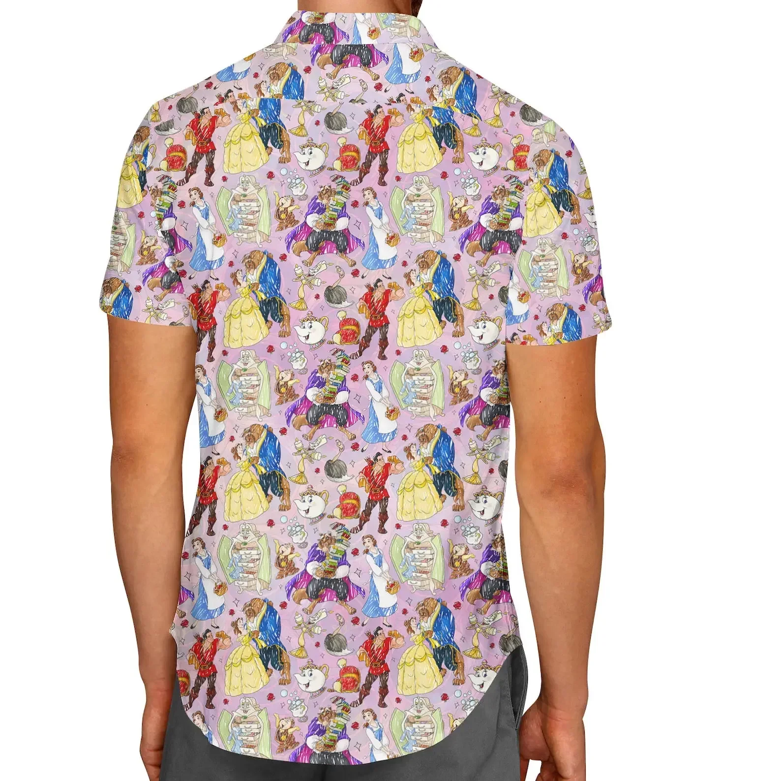 Camisa hawaiana de La Bella y La Bestia para hombre, camisa de manga corta con botones, inspirada en Disney, informal, para playa