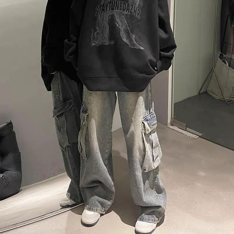 

American Retro Workwear Jeans Men's Spring Autumn Loose Straight Leg Wide Leg Pants High Street Multi ket Floor-Length Pants
