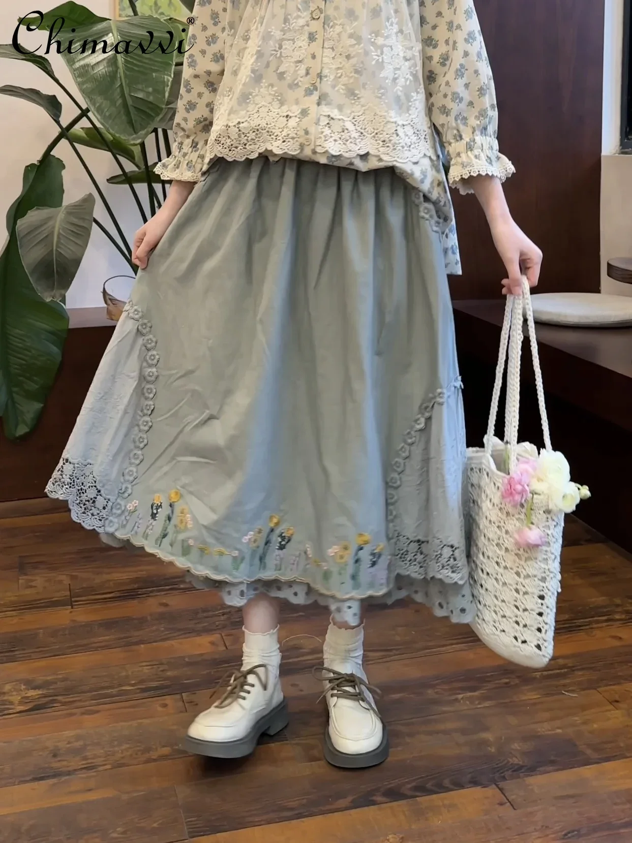 Sweet Retro Linen Embroidery Solid Color Skirt 2024 Autumn Clothes New Fashion Loose Literary Elegant Mid-length Skirts Women