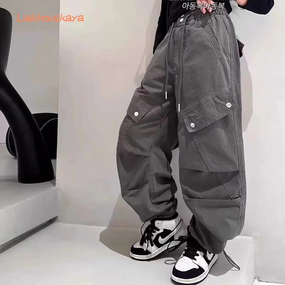 Girls Fashion Cargo Pants 2026 Spring Autumn New Straight Leg Long Trousers All Match Casual Multi Pocket Pants For 2-14Y Big