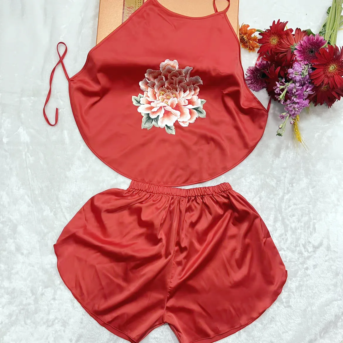 Chinese Traditional Fortune Clothes Red Peony Embroidery Dudou Top & Short Pajama Set Wedding Appointment Honeymoon Undergarment