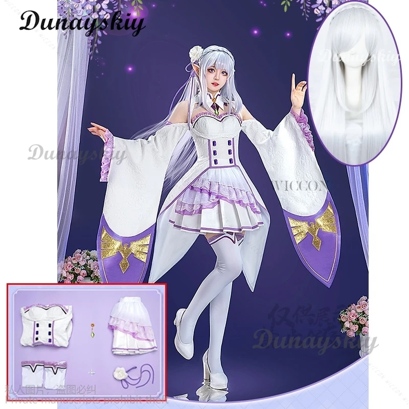 Anime Re Zero Kara Hajimeru Isekai Seikatsu Emilia Cosplay Costumes Women Dress With Headdress For Halloween Party Lolita Cos