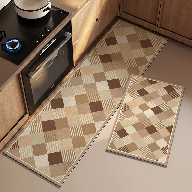 Kitchen Mat for Floor Checkerboard Plaid Non-slip Long Strip Runner Carpets Oil-proof Waterproof PVC Leather Washable Floor Mats