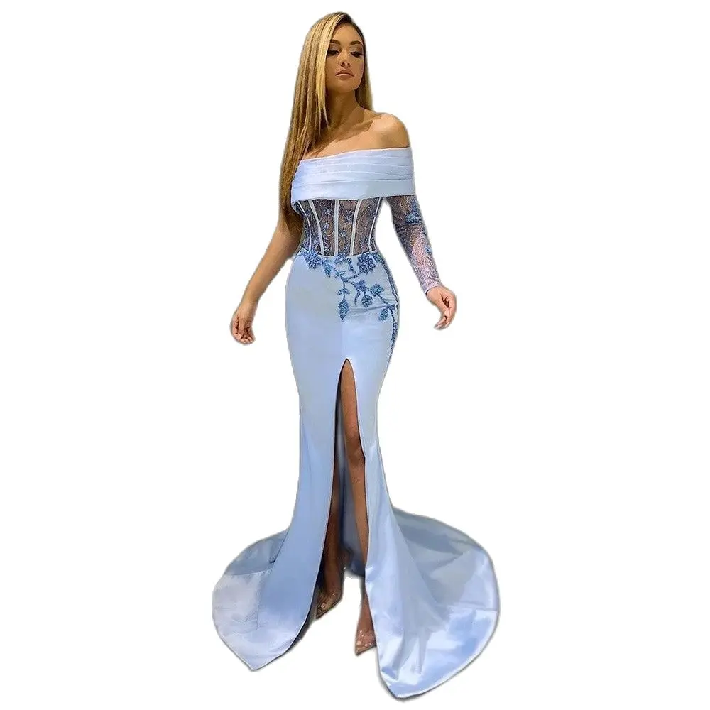 Sky Blue Mermaid Dubai Evening Dresses Lace Beaded Long Sleeves Women Prom Party Gowns Saudi Arabic Slit Evening