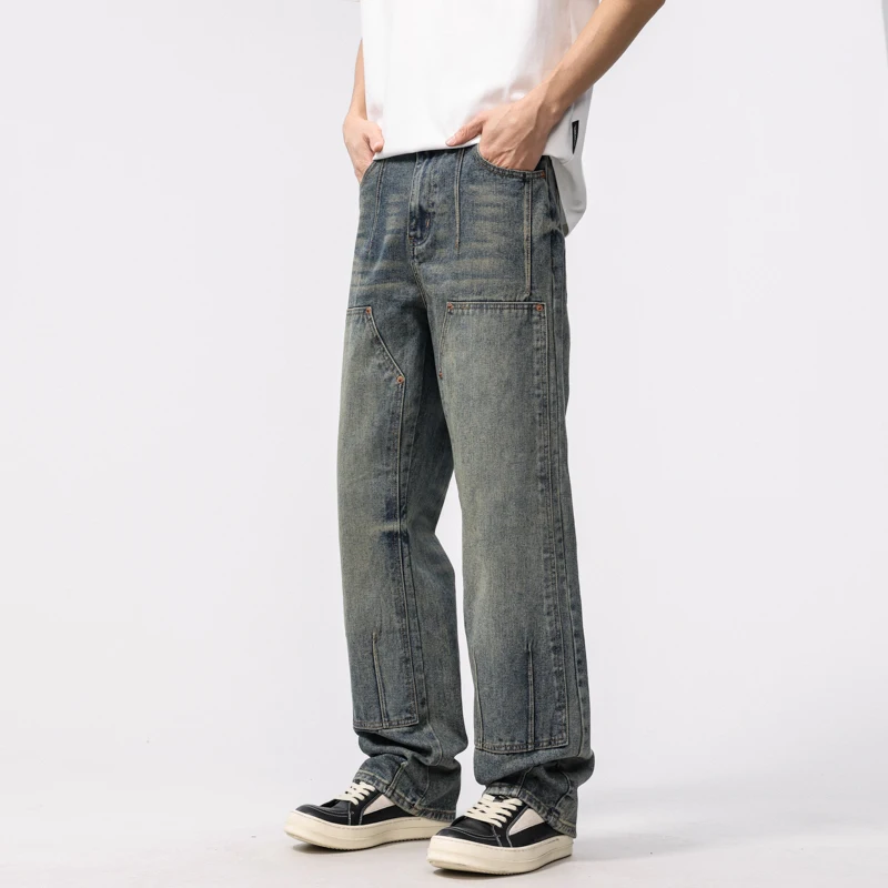 الرجال الربيع فضفاض واسعة الساق الجينز شارع العليا الرجعية مستقيم عارضة الرجال الجينز الرجال السراويل الطويلة