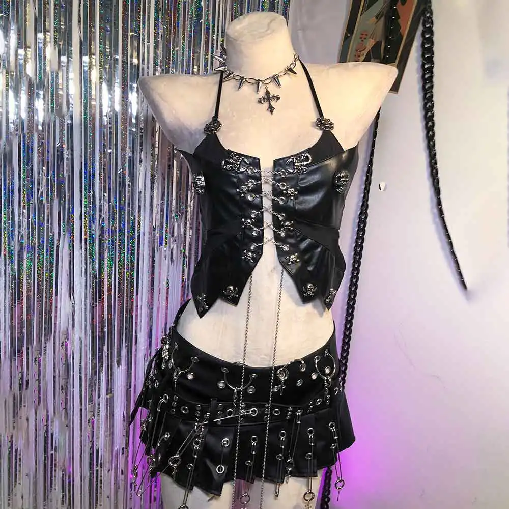 Punk Rock Teen Eco E-Girls DIY Grunge Emo Goth Harajuku Hand Made 90s Y2K Halter Camisole TOPS Kawaii Festival Outfit Gothic