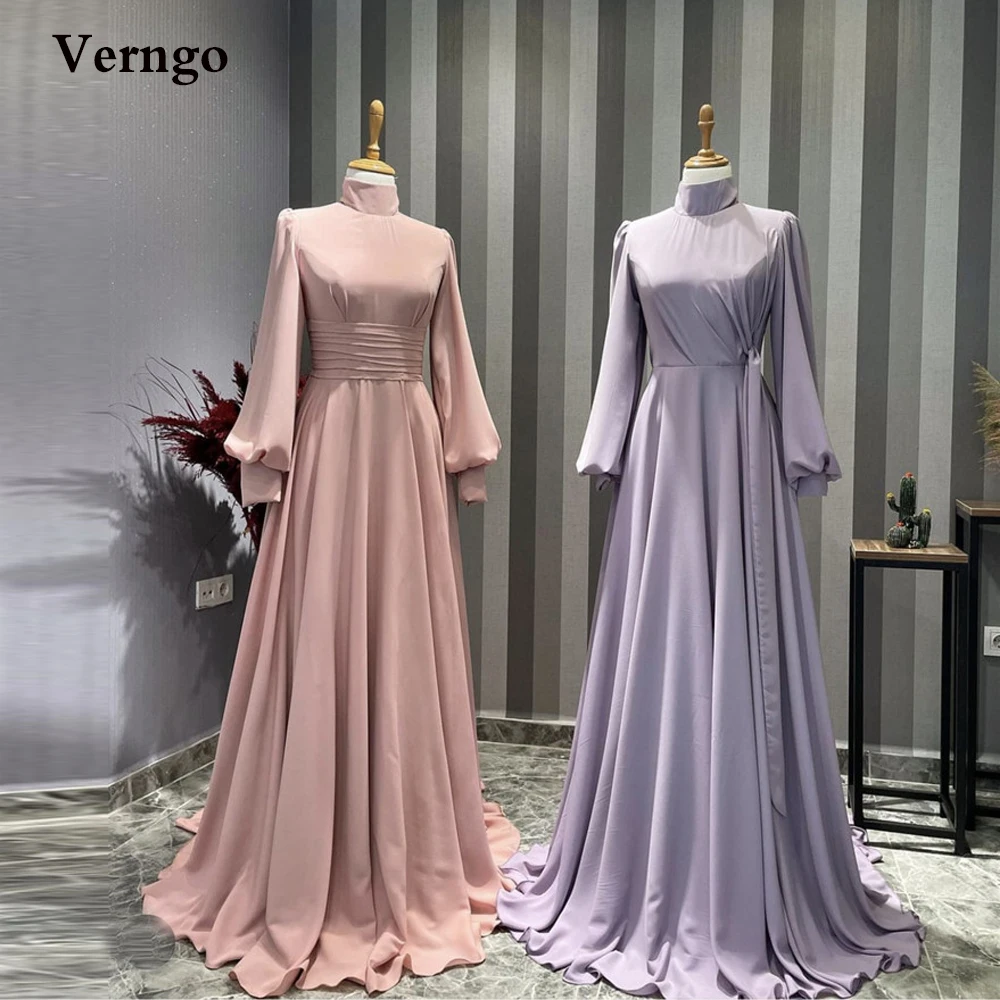 

Verngo Simple A Lline Blush Pink//Purple Evening Dresses High Neck Long Sleeves Floor Length Prom Gown Saudi Arabic Formal Dress