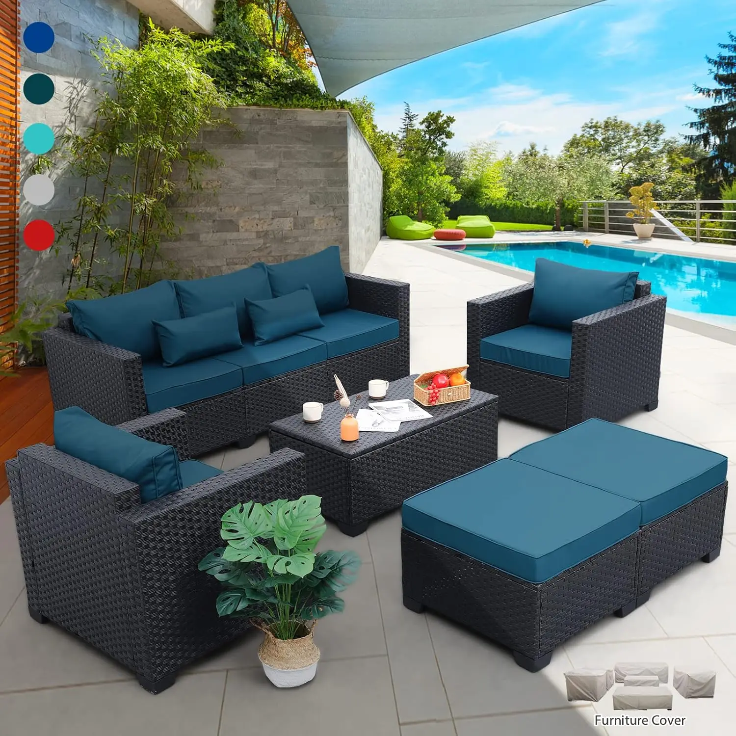 Terrasmeubilair Set 6 Stuks Bank Outdoor Stoelen Salontafel Pauw Blauwe Anti-Slip Kussens En Waterdichte Hoezen