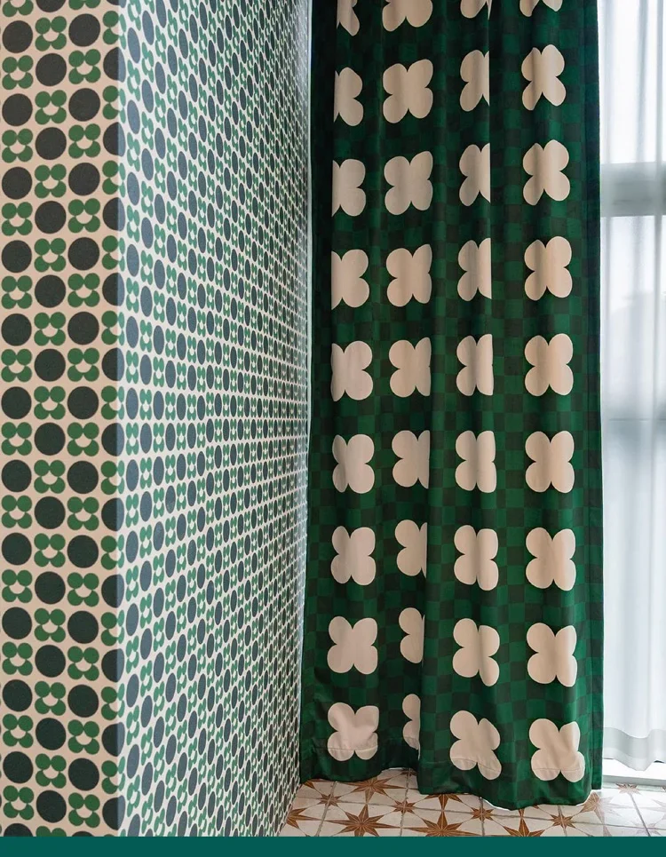 Green Flower Abstract Half Shading Free Punch Paste Tape Bedroom Curtains Geometric Pattern Design Doorway Drapes