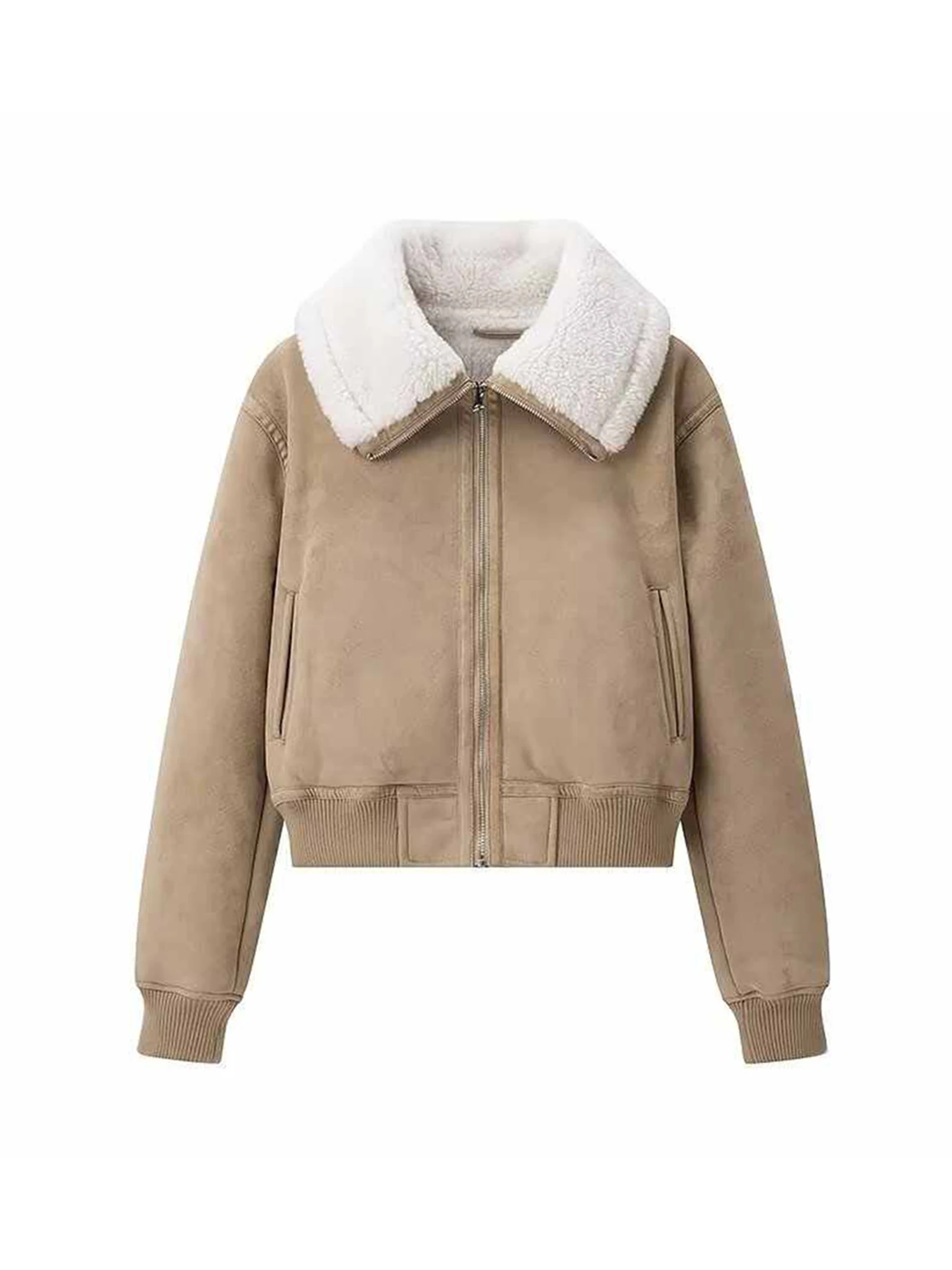 

Women's Khaki Faux Fur Leather Coat Thick Warm Fashion Vintage 2000s Long Sleeve Sheepskin Overcoat Suede Coats Clothes Winter